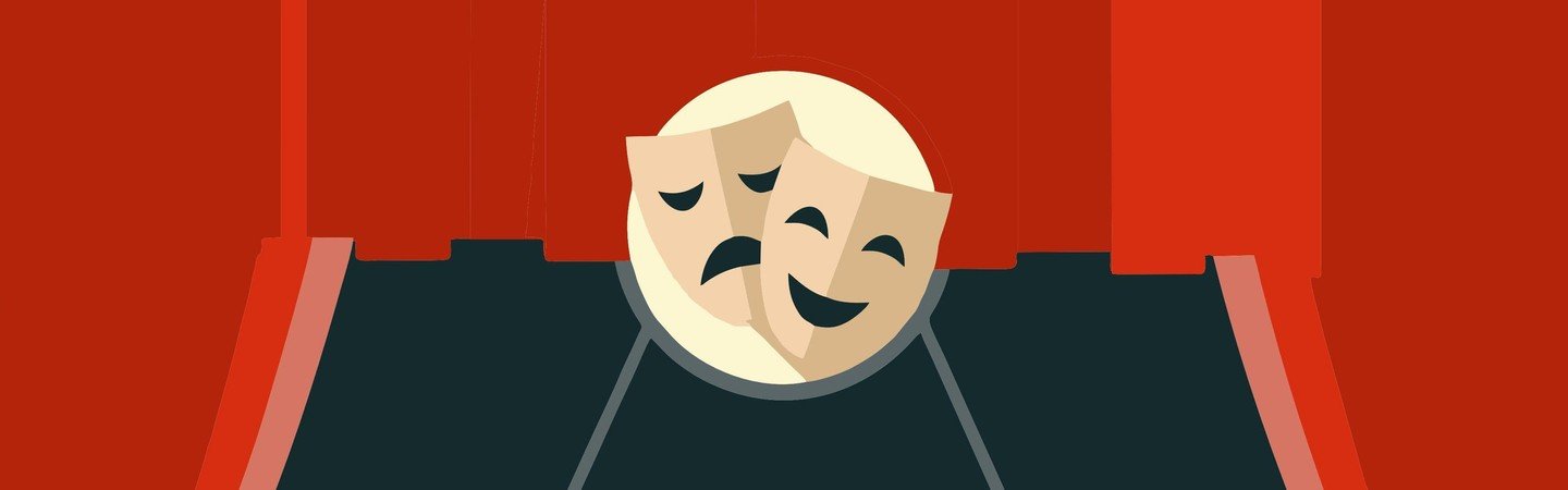 Grafik mit zwei Masken vor rotem Bühnenvorhang