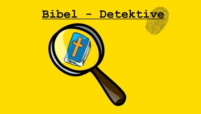 Text "Bibel-Detektive" auf gelbem Hintergrund mit großer Lupe