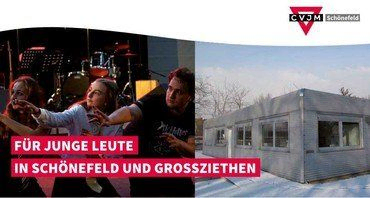 Text "Für junge Leute in Schönefeld und Großziethen" mit CVJM-Logo und Fotos von Jugendlichen und von der Silberbuexxe