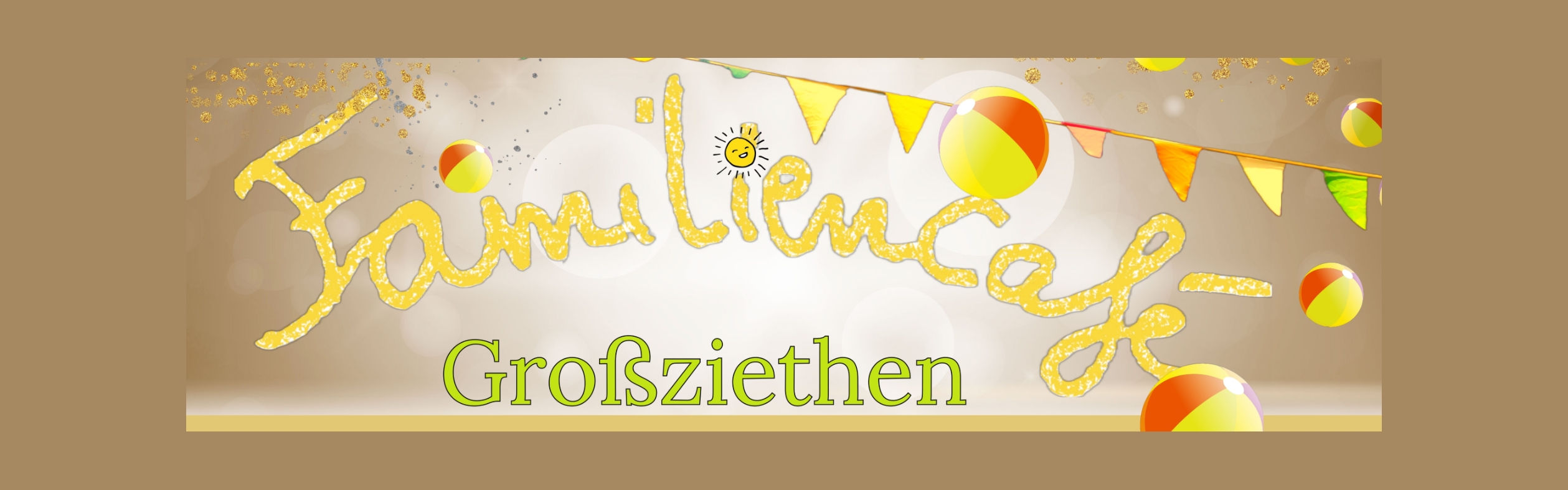 Text "Familiencafé Großziethen" in farbiger Gestaltung mit Bällen und Fähnchen