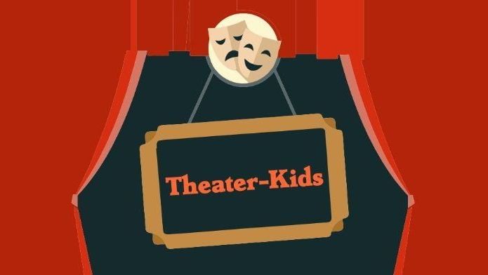 Text "Theater-Kids" auf Grafik mit einer Theaterbühne