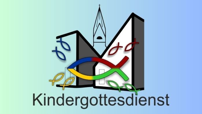 Text "Kindergottesdienst" mit Grafik der Kirche Großziethen und bunten Fischen