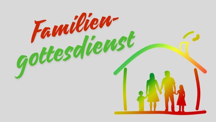 Text "Familiengottesdienst" in Farbe mit Grafik einer Familie